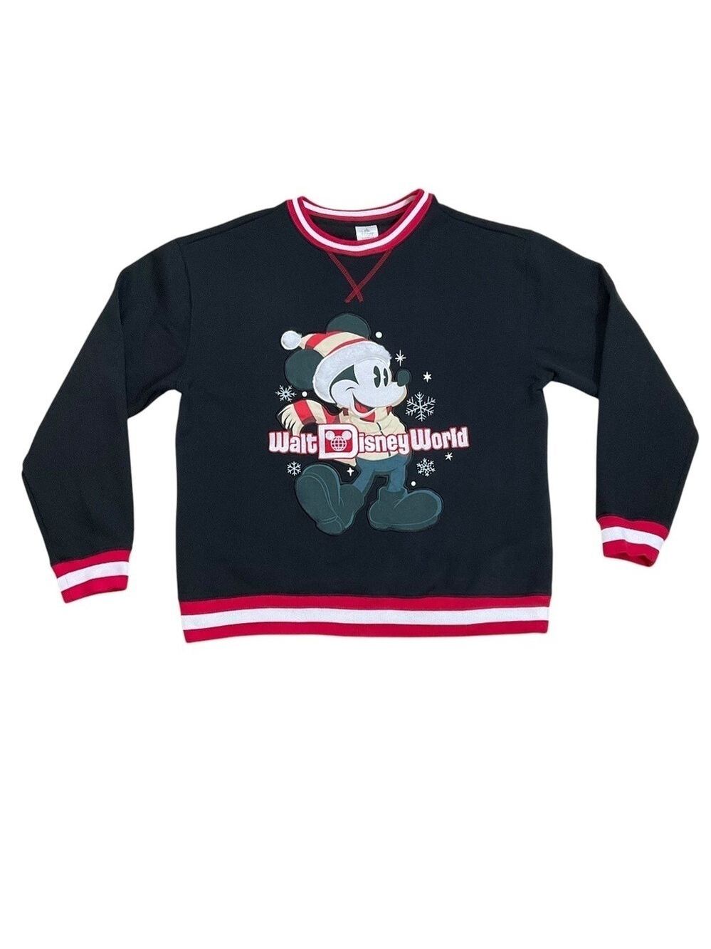 Disney Mickey Mouse Holiday Sweatshirt Medium Striped Trim Walt Disney World